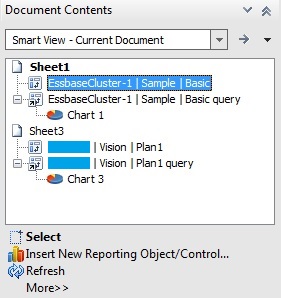 In the Document Contents pane, an Essbase ad hoc grid is selected. Available actions are Select, Insert New Reporting Object/Control, Refresh, and , Modify Connection, and Delete. In the Document Contents pane, an Essbase ad hoc grid is selected. Available actions are Select, Insert New Reporting Object/Control, Refresh, and , Modify Connection, and Delete.