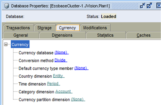 Sample Currency tab of Database Properties screen for BSO Cubes