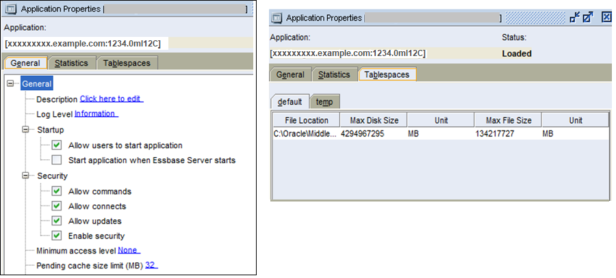 Sample General and Tablespace tabs of Application Properties screen