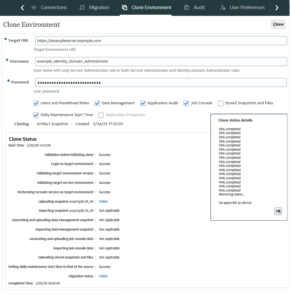 Example of Clone Environment displaying the No space left on device error