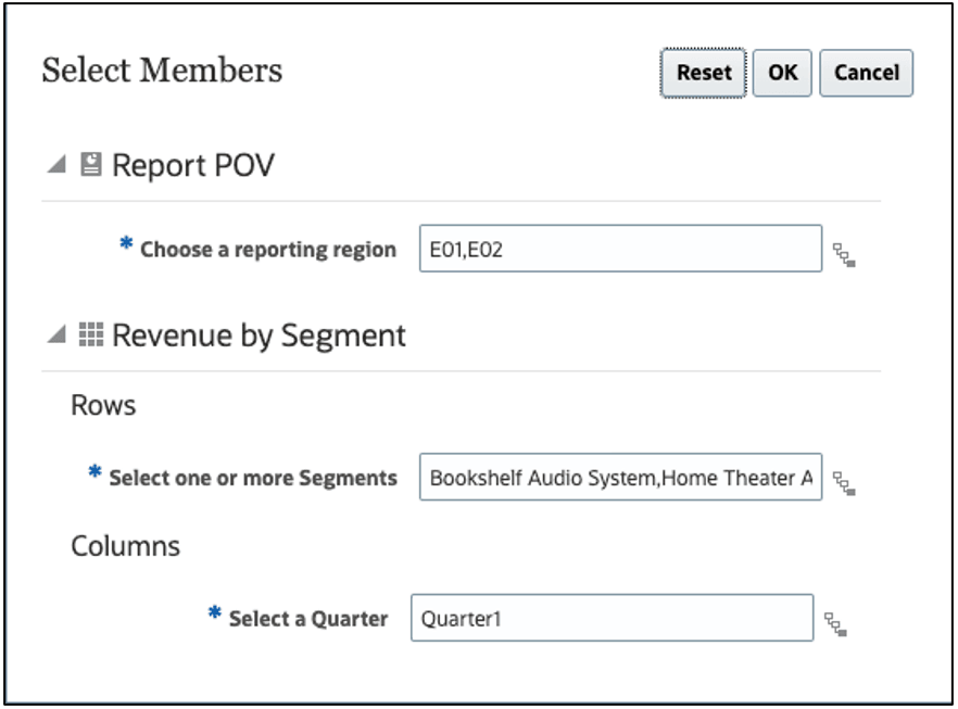 Select Members dialog box with prompts for Report POV and Rows and Columns for Grid 1 Select Members dialog box with prompts for Report POV and Rows and Columns for Grid 1