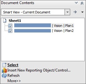 There are two items in the tree in the Document Contents pane, the Vision Plan1 cube and the Vision Plan2 cube. The first item in the tree, the Vision Plan1 cube, is highlighted. There are two items in the tree in the Document Contents pane, the Vision Plan1 cube and the Vision Plan2 cube. The first item in the tree, the Vision Plan1 cube, is highlighted.