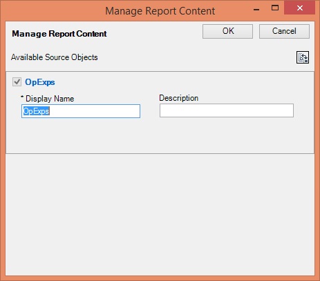 Manage Report Content dialog for reference files, with editable fields for Display Name and Description. Manage Report Content dialog for reference files, with editable fields for Display Name and Description.
