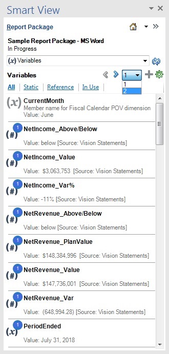 List of variables available in a report package. Shows the variable name and variable type: (x) for static variables, (#) for reference variables. A blue circle containing a number shows the number of times the variable is used in the report package. Value shows either the value defined for static variables, or the value of the reference variable and its source. When more than 50 variables are present, there are left and right arrows near the top of the panel to navigate through the pages, or a page drop-down list to jump to a specific page.