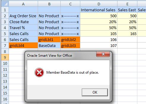 A similar scenario to the previous figure, but the BaseData member is in cell B7, between grid labels in cell A7 and C7, and below a grid label in cell B6. A member out of place message is displayed. A similar scenario to the previous figure, but the BaseData member is in cell B7, between grid labels in cell A7 and C7, and below a grid label in cell B6. A member out of place message is displayed.