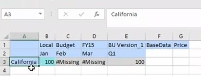 Initial Smart View ad hoc grid with California as the only row member Initial Smart View ad hoc grid with California as the only row member