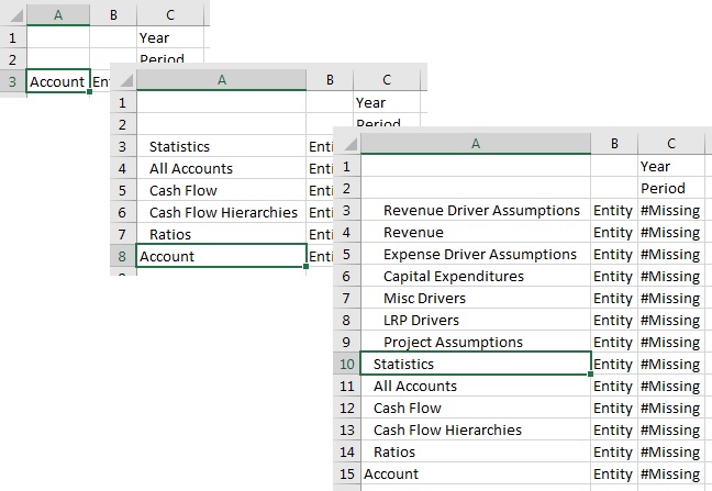 With the Ancestor on Bottom option selected, shows the result of zooming in on the Account dimension, then shows the result of zooming in on the Statistics member. In each case, the ancestor is at the bottom of the hierarchy, the children are listed above. With the Ancestor on Bottom option selected, shows the result of zooming in on the Account dimension, then shows the result of zooming in on the Statistics member. In each case, the ancestor is at the bottom of the hierarchy, the children are listed above.