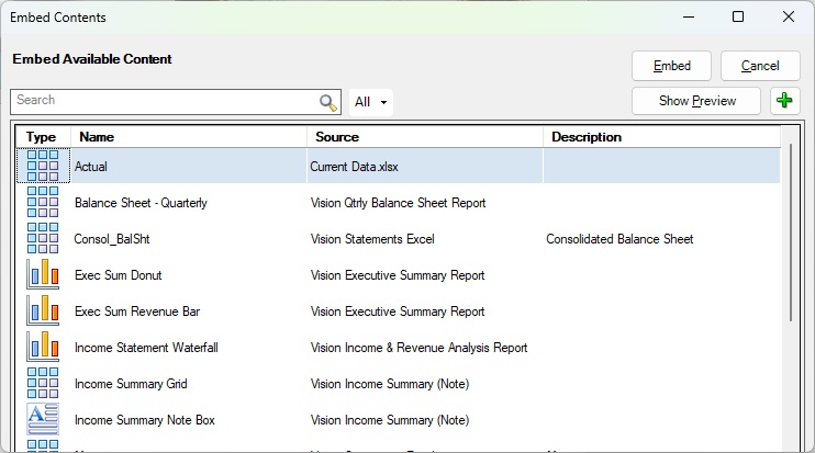 The Embed Contents dialog box, with available content, Actual, selected