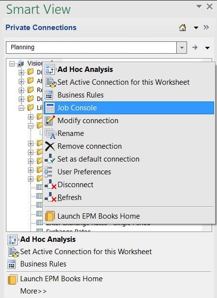 The context menu when right-clicking the application name, showing the Job Console menu item. Also shows the More option in the Action Panel at the bottom of the Smart View Panel.