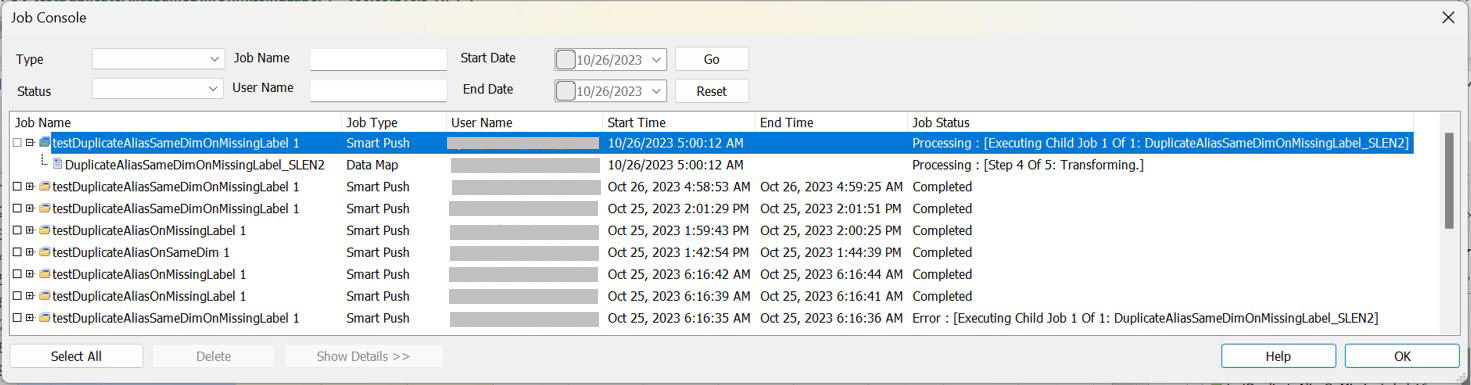 Job Status column displaying the job status and sub status for the ongoing job.