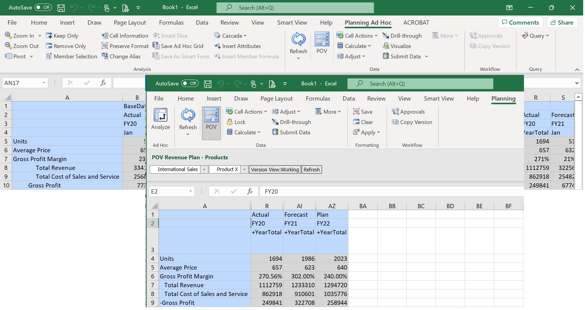 In the foreground, shows the Planning data source ribbon, which displays when accessing a Planning form. In the background, shows the Planning Ad Hoc ribbon, which displays when accessing Planning ad hoc. In the foreground, shows the Planning data source ribbon, which displays when accessing a Planning form. In the background, shows the Planning Ad Hoc ribbon, which displays when accessing Planning ad hoc.
