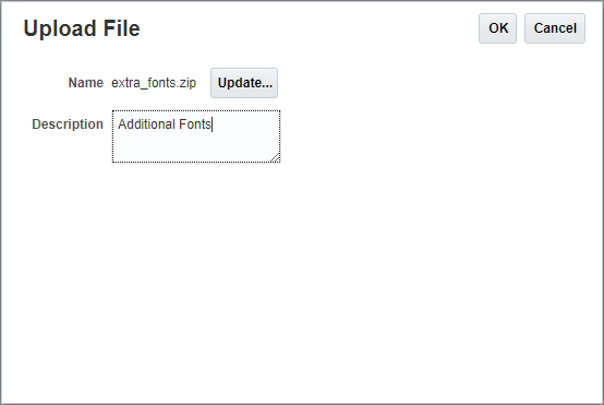 Upload file dialog showing an example of a zipped fonts file.