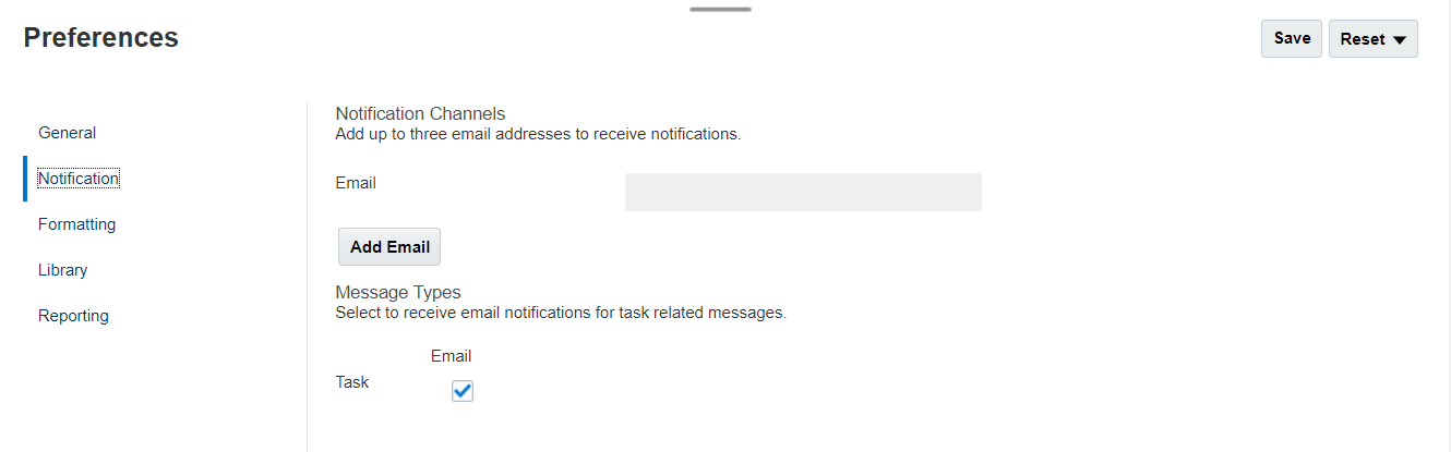 The Notification tab on the Preferences dialog box is used to set additional email addresses to receive notifications.