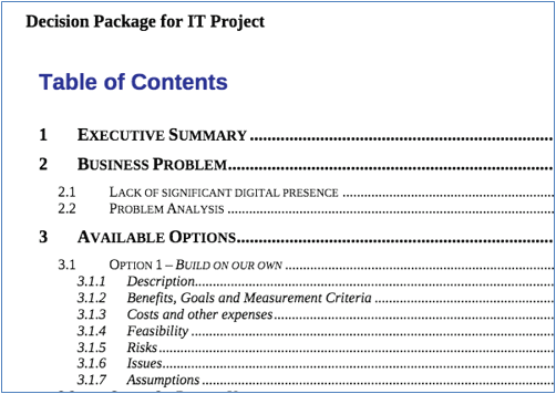 screenshot shows table of contents with heading numbering 1, 2, 2.1, 2.2, 3, 3.1, 3.1.1, 3.1.2, and so on.