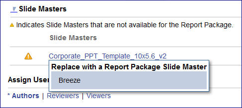 screenshot showing doclet slide master with the option to replace with a report package slide master