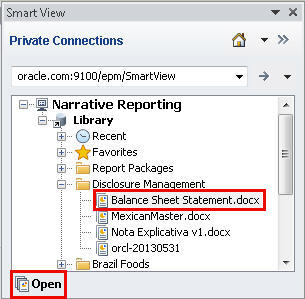 The Smart View Panel in Word upon initially connecting to Narrative Reporting Cloud, shows the default folders: Recent, Favorites, My Library, Report Packages, and Application. Disclosure Management is expanded and contained the Department Reports.