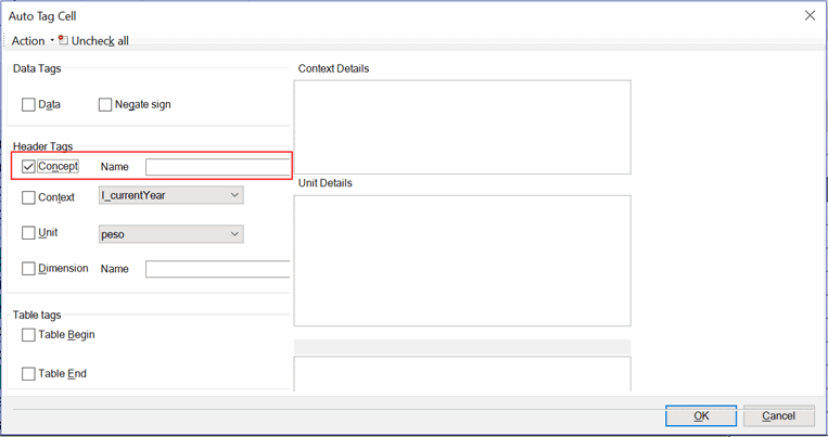 Screenshot shows Auto Tag Cell dialog box with Concept header tag highlighted