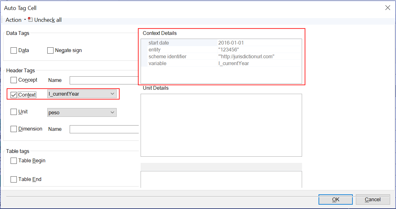 Screenshot shows Auto Tag Cell dialog box with context header tag highlighted
