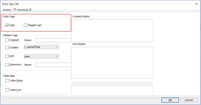 screenshot shows Auto Tag Cell dialog box with Data Tags highlighted