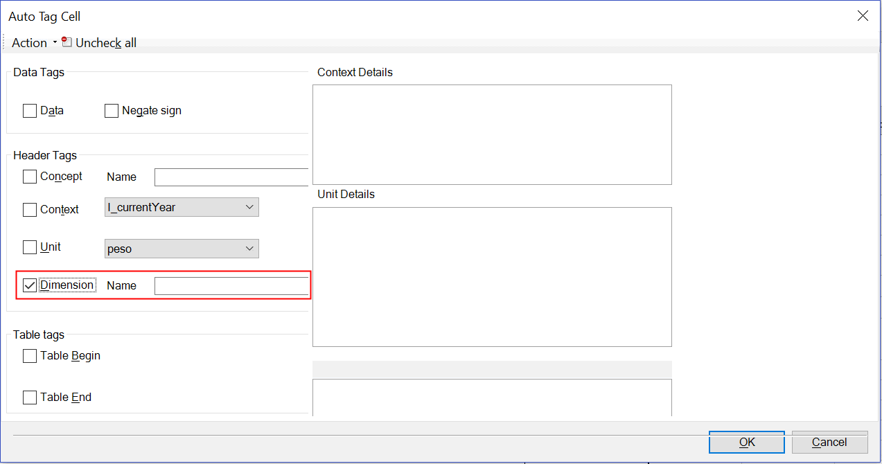 Screenshot shows Auto Tag Cell dialog box with Dimension header tag highlighted