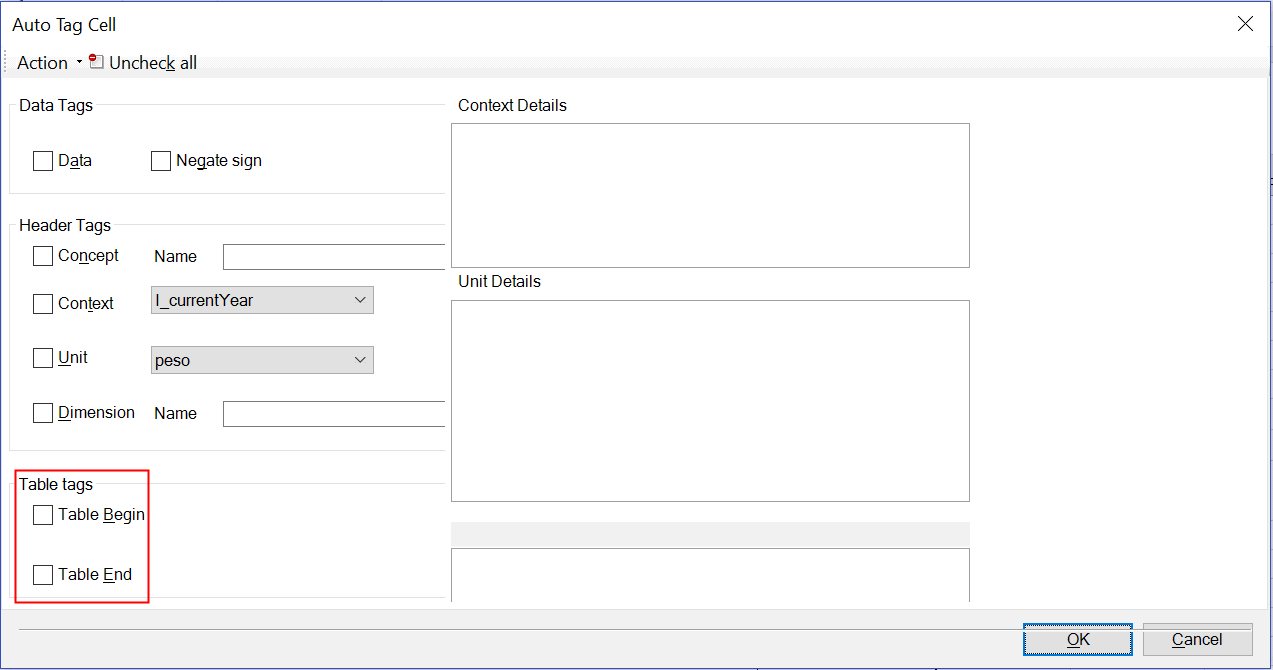 Screenshot shows the Auto Tag Cell dialog box with the Table Tags highlighted