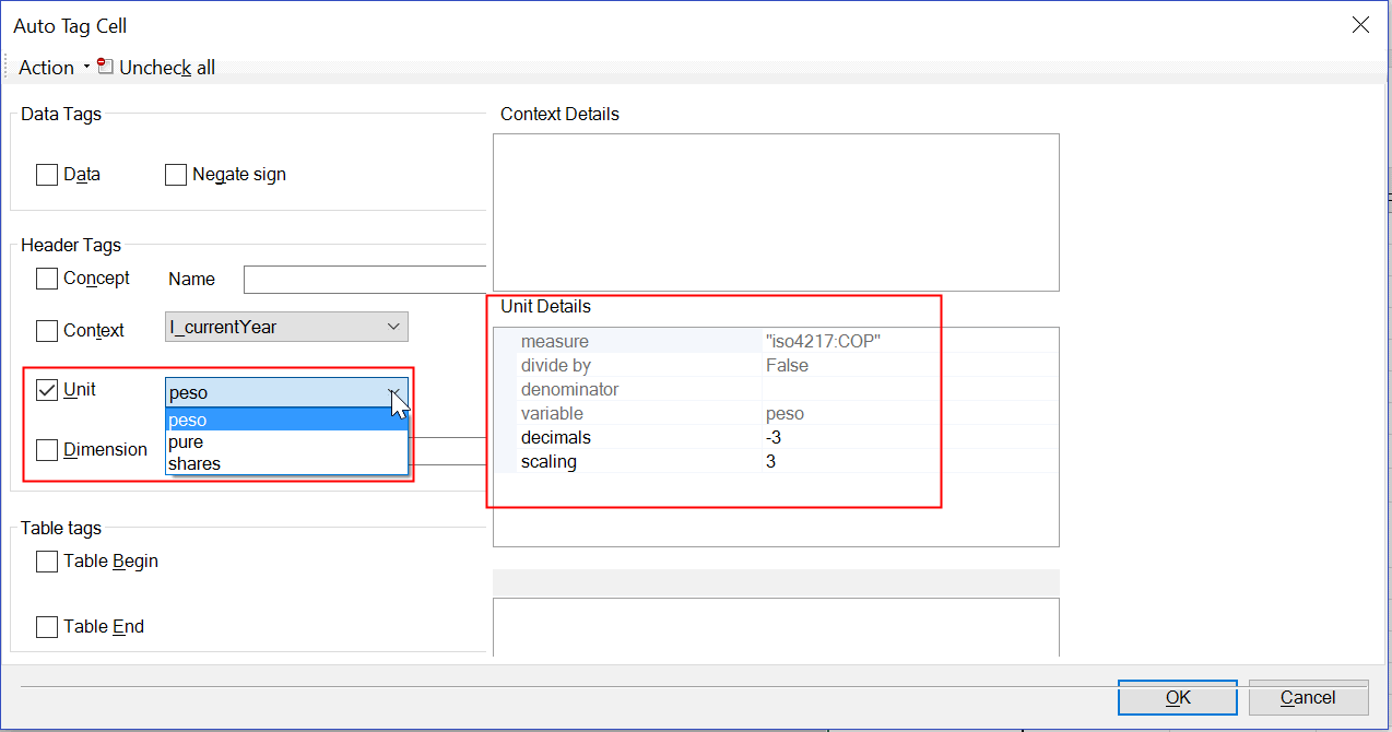 Screenshot shows Auto Tag Cell dialog box with Unit header tag highlighted