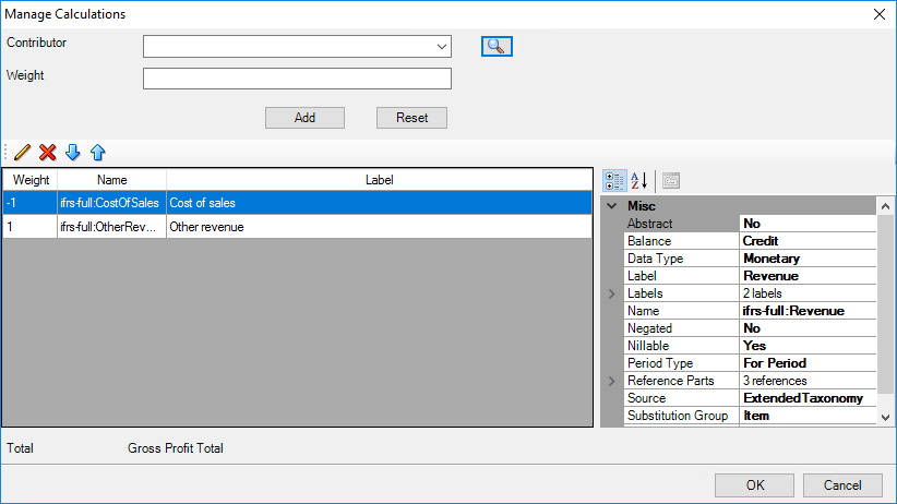 screenshot shows the Manage Calculation dialog box