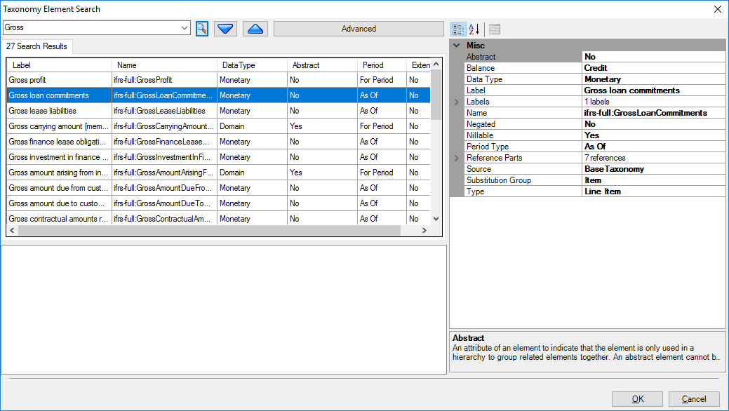 screenshot shows the Taxonomy Element Search dialog box element highlighted