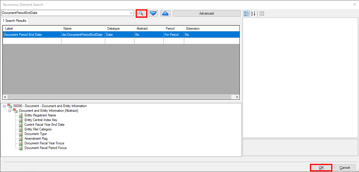 screenshot shows the taxonomy element search dialog box, with the DocumentPeriodEndDate search result set displayed