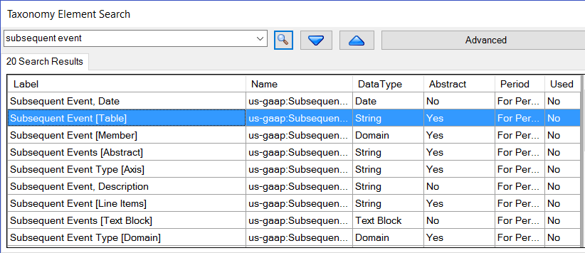 screenshot shows the Taxonomy Element Search dialog box with the Subsequent Event [Table] element highlighted