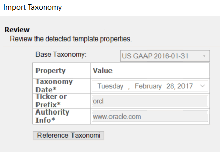 Screenshot shows the template properties for an Oracle sample taxonomy.
