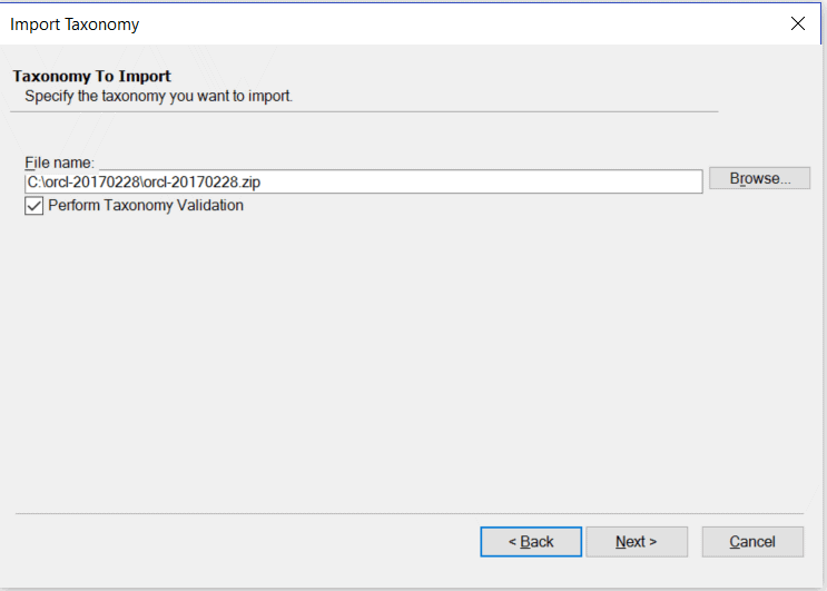 Screenshot shows an example Oracle taxonomy selected in the Import Taxonomy dialog box