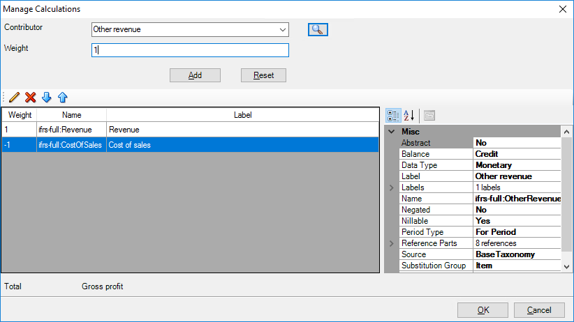 screenshot shows the manage calculations dialog box element highlighted