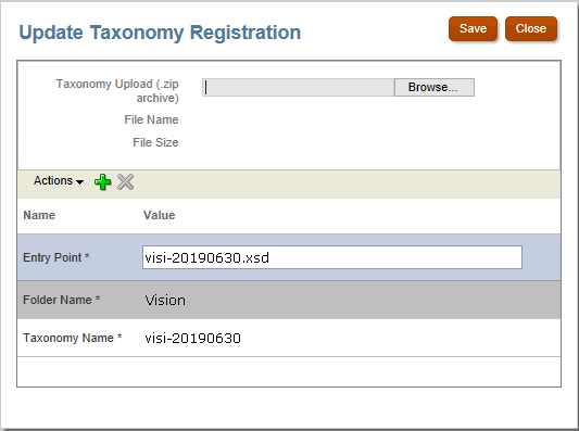 The image shows the Update Taxonomy Registration dialog.