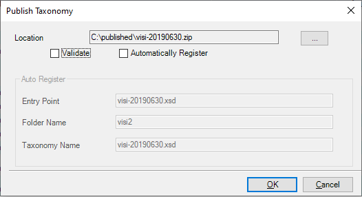 screenshot shows the Publish Taxonomy dialog box with the Automatically Register check box selected and Folder and Taxonomy Name fields completed
