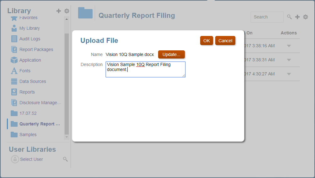 Upload file dialog showing an example of a Quarterly Report Filing file.