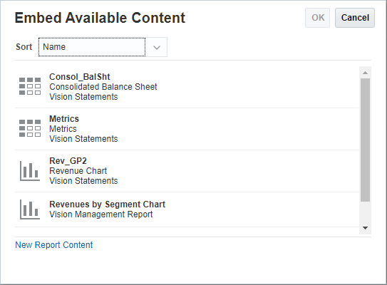 New Report Content dialog box.