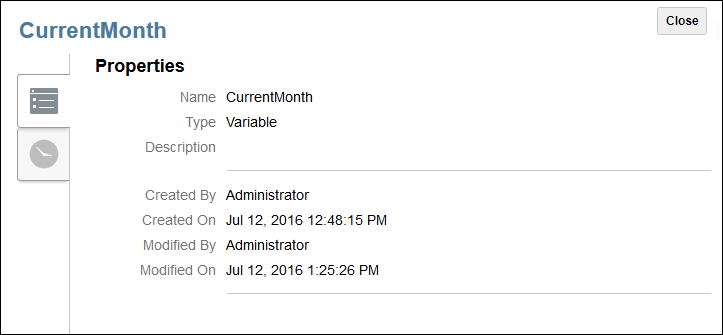 View the variable properties by selecting the Properties tab from the Report Center.