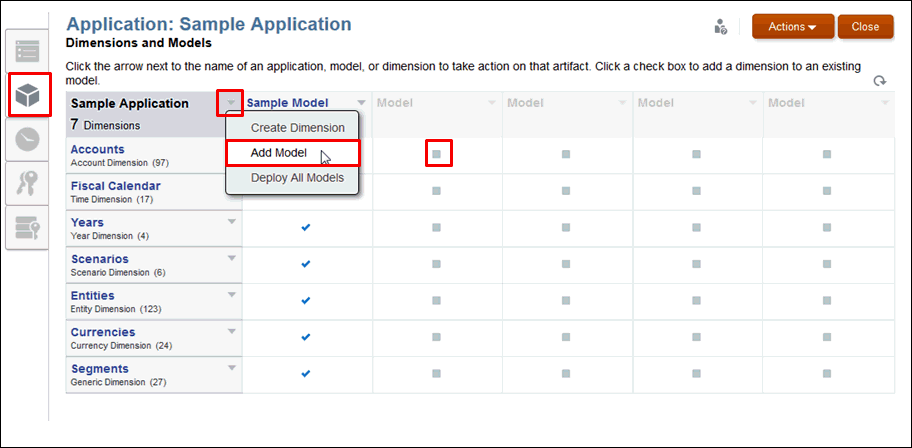 On Dimensions and Models tab, select drop-down from application name, and then select Add Model.