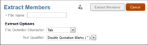 On the Extract Members dialog box, enter the target File Name for the extracted file, and select the Extract Options for File Delimiter Character and the Text Qualifier.