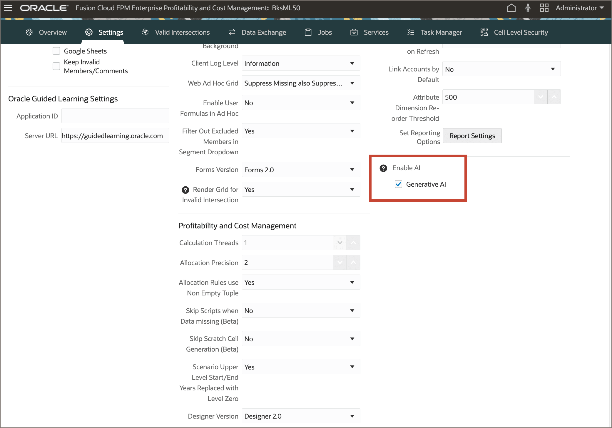 Application settings page with Enable AI section highlighted