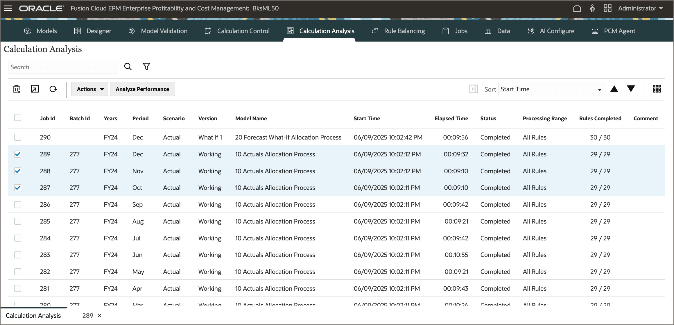 Calculation Analysis page with multiple jobs selected