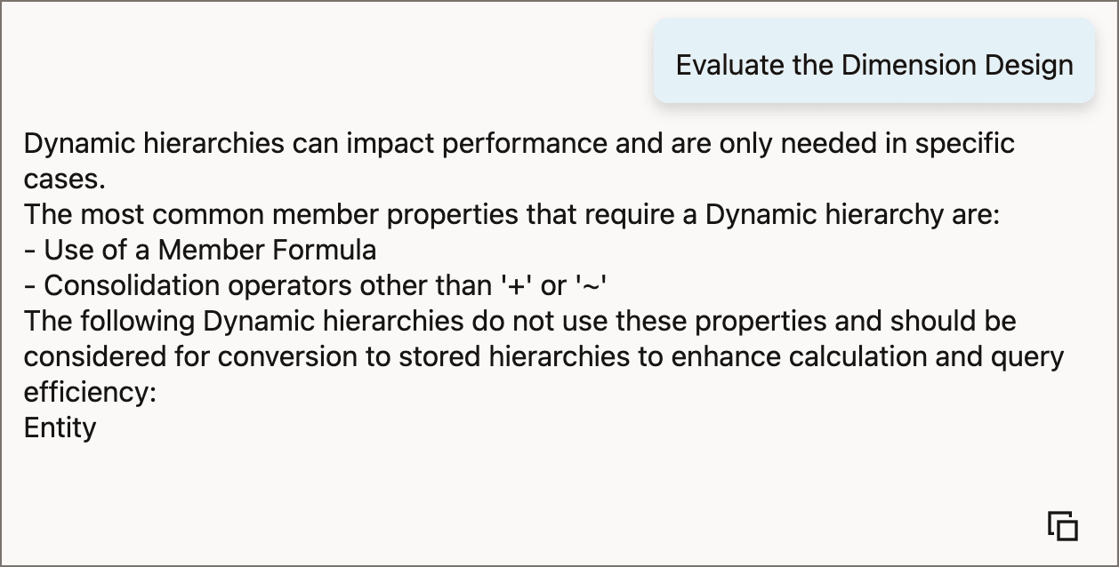 Dimension design evaluation message