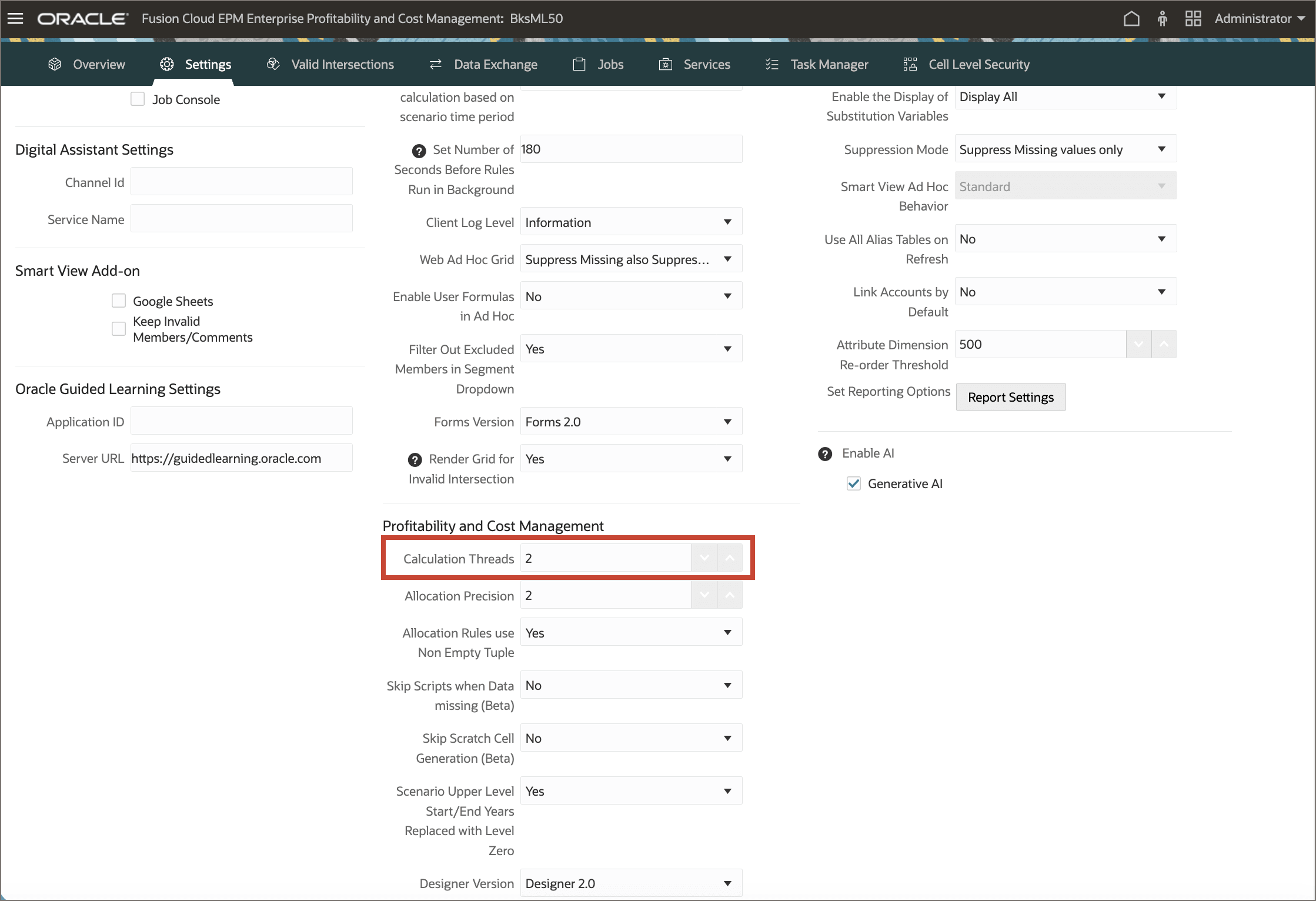 Profitability and Cost Management settings in application settings