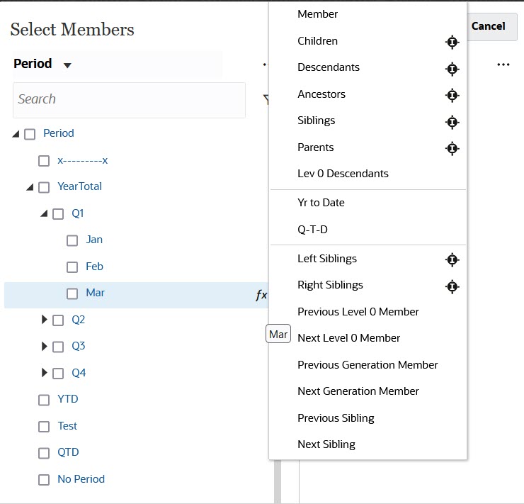 Function Selector in an ad hoc grid
