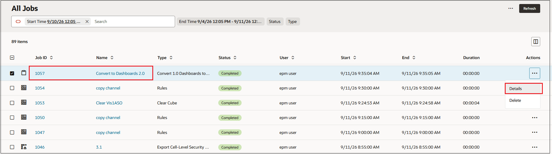 All Jobs tab on the Jobs console shoiwing how to access job details