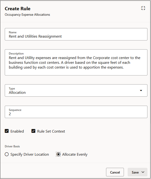 Definition for the Rent and Utilites Reassignment rule in the Occupancy Expense Allocations rule set Definition for the Rent and Utilites Reassignment rule in the Occupancy Expense Allocations rule set