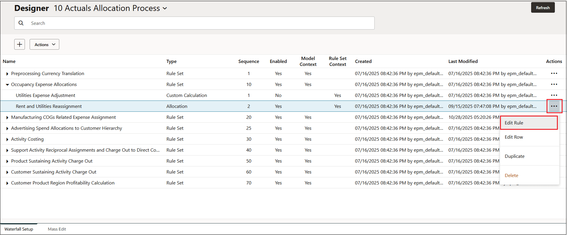Rent and Utilities Reassignment rule highlighted in the Waterfall Setup tab with the Edit Rule menu option selected Rent and Utilities Reassignment rule highlighted in the Waterfall Setup tab with the Edit Rule menu option selected