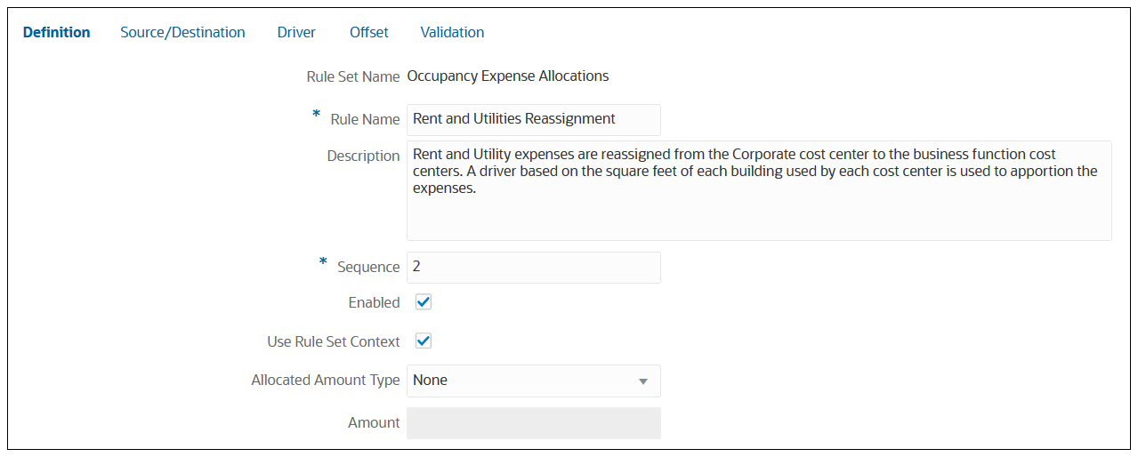 Definition tab for the Rent and Utilites Reassignment rule in the Occupancy Expense Allocations rule set