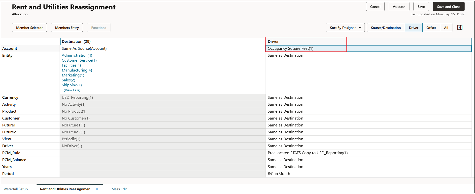 Driver tab with Occupancy Square Feet selected as the driver in the Account dimension